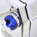Omcan 13231 manual pasta sheeter, close-up of the blue numbered thickness adjustment knob on the chrome body