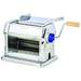 Omcan 13231 manual pasta sheeter in chrome-plated steel with blue thickness knob and wood-grip hand crank