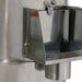 Omcan 13443 electric 22 lb potato peeler, close-up of the stainless steel discharge chute on the side of the drum