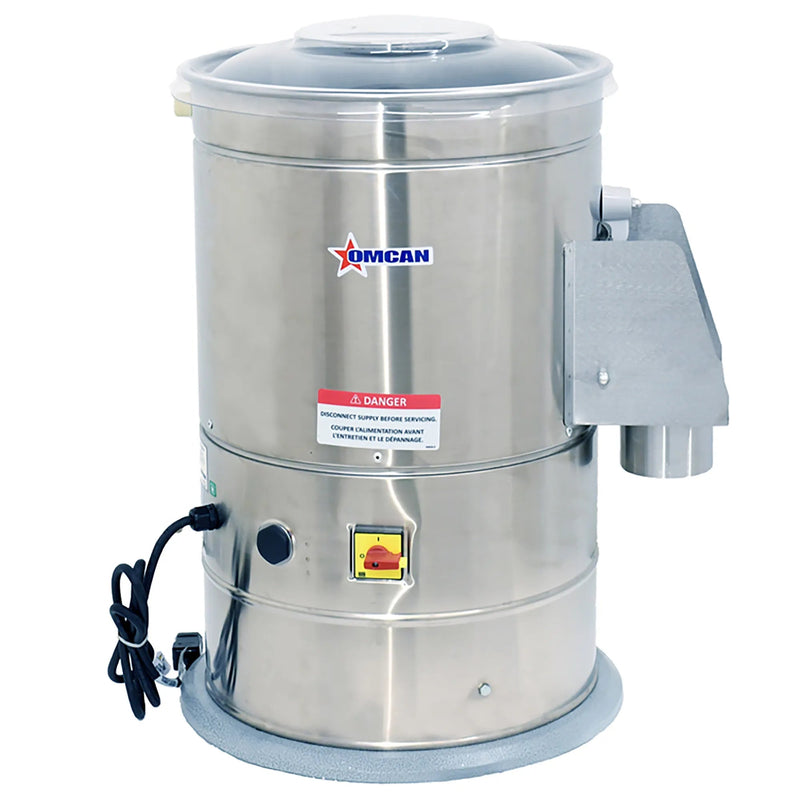 Omcan 13443 electric 22 lb potato peeler with stainless steel drum and lid, side discharge chute and switch box