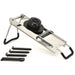 Omcan 13659 stainless steel mandoline slicer set with folding legs, black hand guard and five interchangeable blades