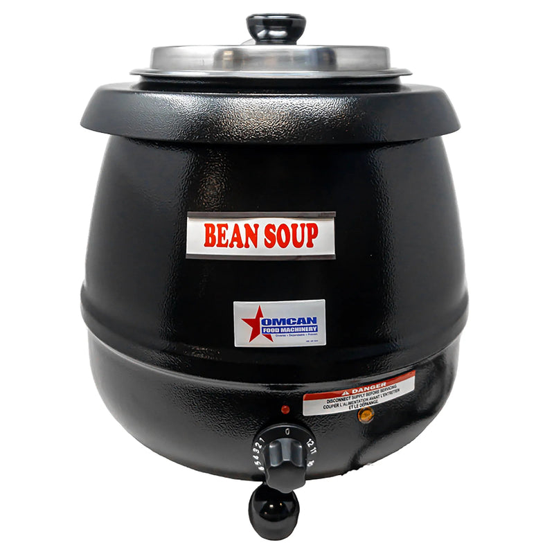 Omcan 19073 black steel 10.6 qt electric soup kettle with stainless steel lid, front temperature knob and label