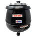 Omcan 19073 black steel 10.6 qt electric soup kettle with stainless steel lid, front temperature knob and label