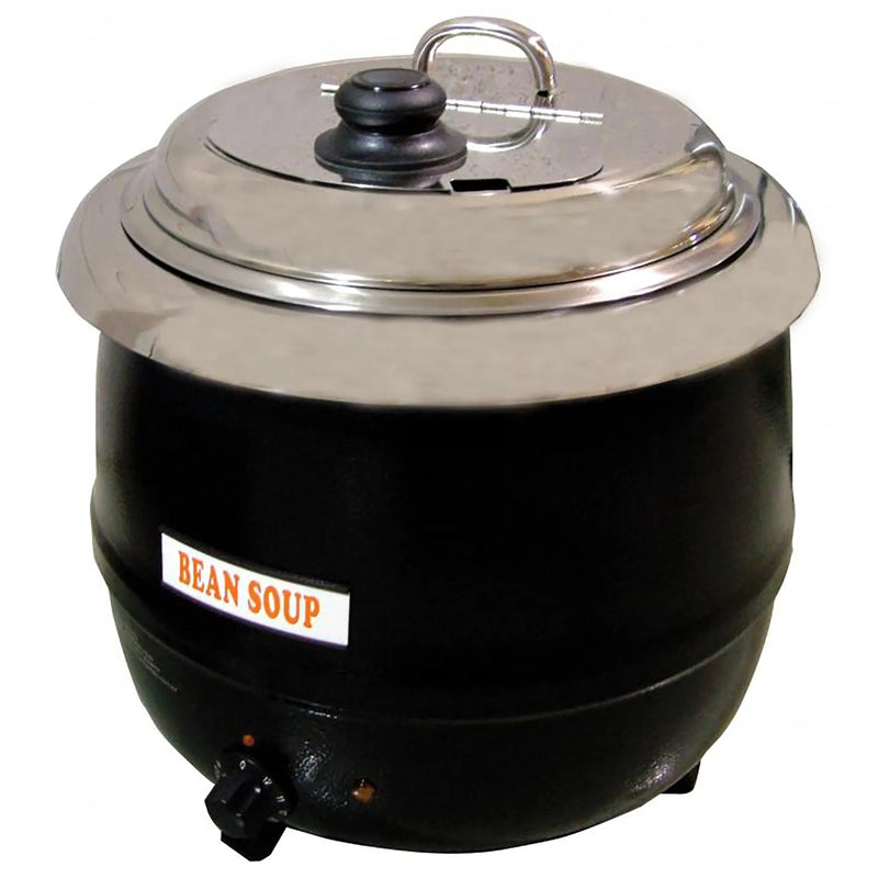 Omcan 19075 black steel 13.7 qt electric soup kettle with wide stainless steel lid and knob handle, angled view