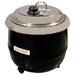 Omcan 19075 black steel 13.7 qt electric soup kettle with wide stainless steel lid and knob handle, angled view