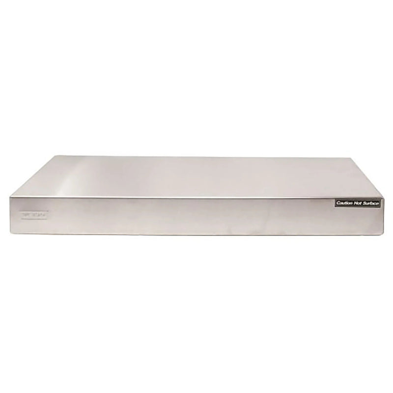Omcan 20180 plate warmer, flat rectangular stainless steel heated countertop surface, angled front view