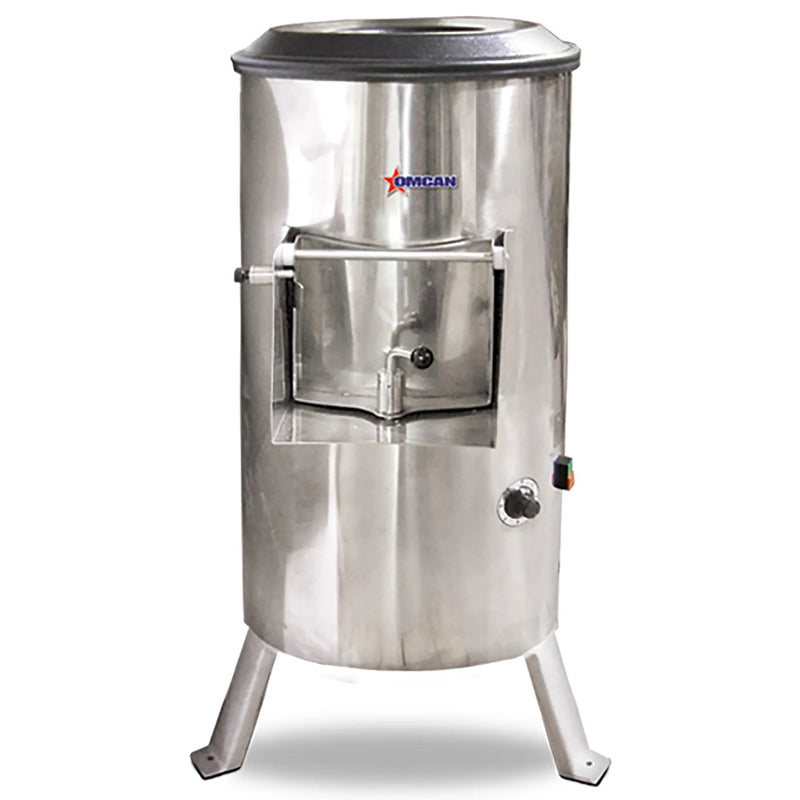 Omcan 20367 electric 55 lb potato peeler with tall stainless steel drum, front discharge door and three legs