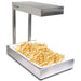 Omcan 23574 countertop chip dump station in stainless steel with overhead heater, pan filled with french fries