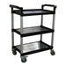 Omcan 24183 black plastic three-shelf utility cart with 165 lb capacity, aluminum posts and swivel casters, angled view