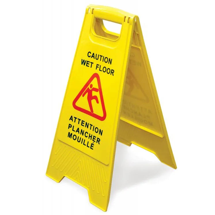 Omcan 24415 yellow plastic fold-out wet floor caution sign with bilingual English and French warning text