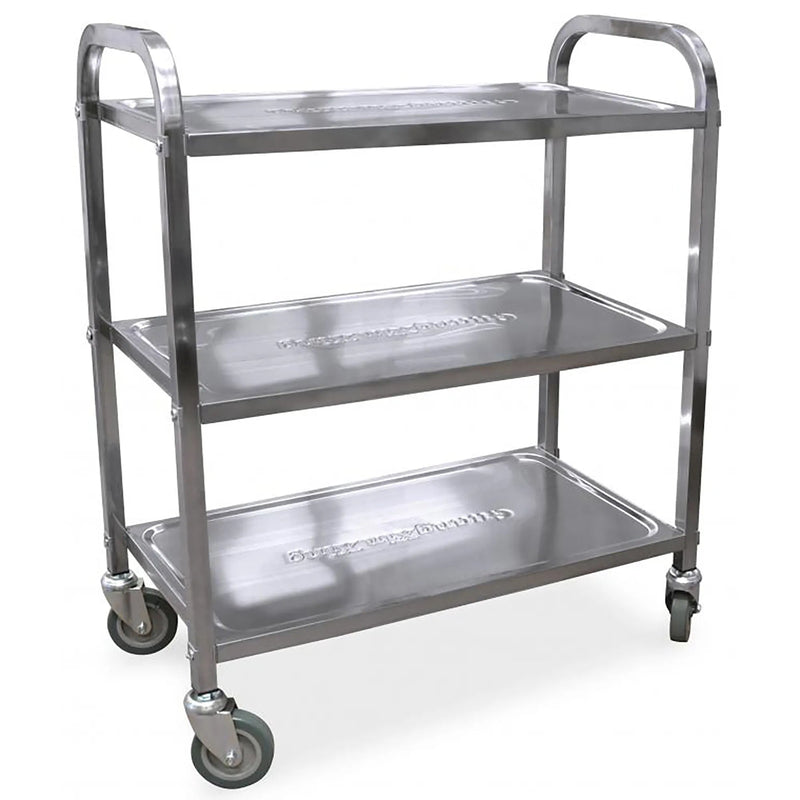 Omcan 24418 stainless steel 16" x 29" trolley with three shelves, tubular handles and four casters