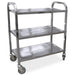 Omcan 24418 stainless steel 16" x 29" trolley with three shelves, tubular handles and four casters