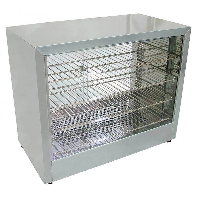 Omcan 26086 25-inch glass display food warmer in stainless steel with glass sides and wire shelves, angled view
