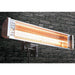 Omcan 31432 infrared patio heater mounted on a brick wall, angled side view showing the glowing element and bracket