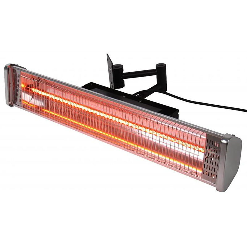 Omcan 31432 wall-mounted infrared patio heater with glowing heating element and adjustable black bracket
