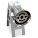 Omcan 31502 tilting blender, 25L capacity, stainless steel jar tilted forward on its stand to show the discharge