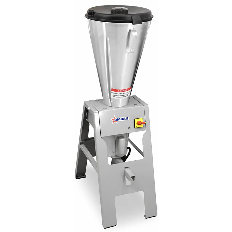 Omcan 31502 tilting blender, 845 oz / 25L capacity, 1.5 HP, stainless steel jar upright on a four-leg stand