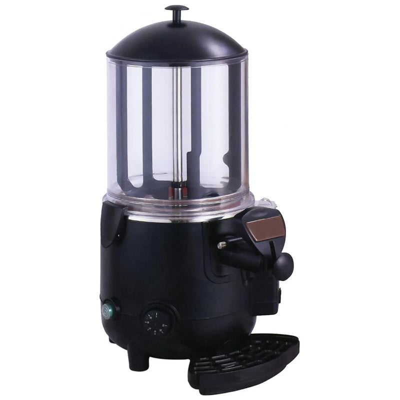 Omcan 31840 10L hot chocolate dispenser with tall clear bowl, black base, lid and drip tray, angled front view