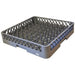 Omcan 33871 full-size grey polypropylene 9x9 peg glass dishwasher rack with open lattice sides, angled view