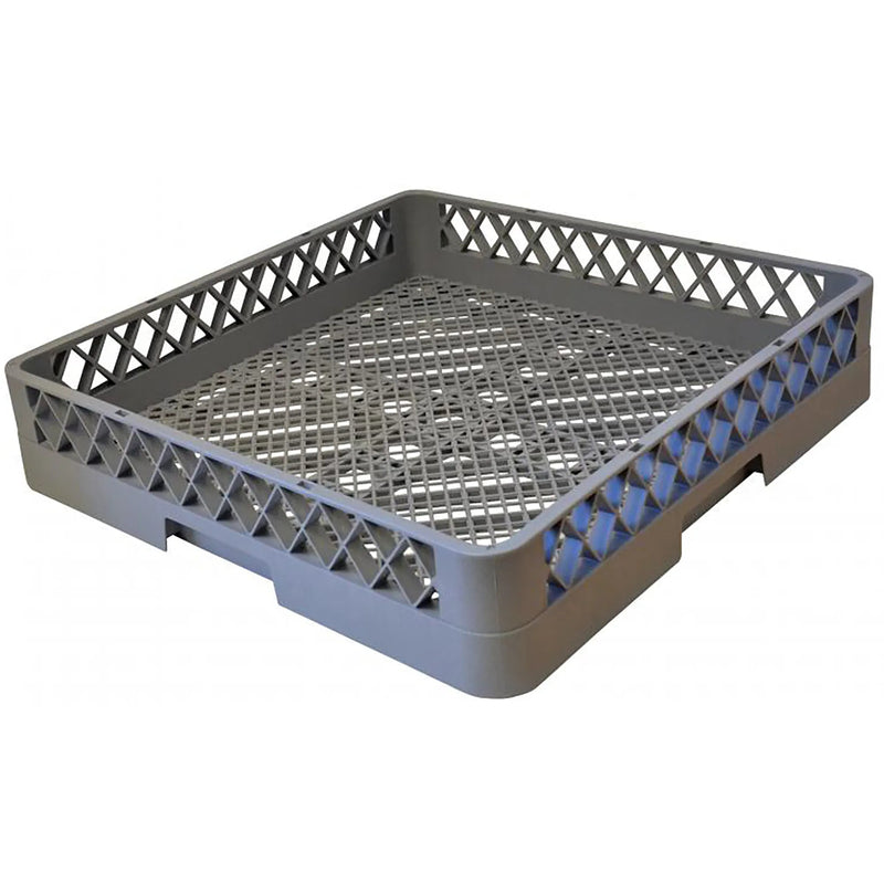 Omcan 37387 grey polypropylene flat glass rack with open lattice sides and low flat base for trays and plates