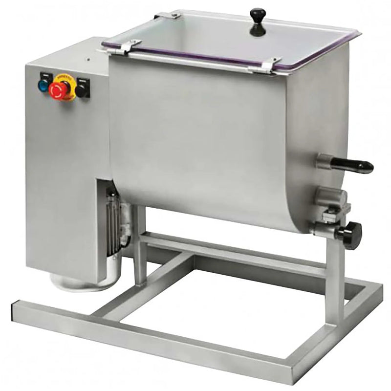 Omcan 37459 stainless steel electric meat mixer, 66 lb capacity, 1 HP, 110V, clear lid and tilting tub on stand