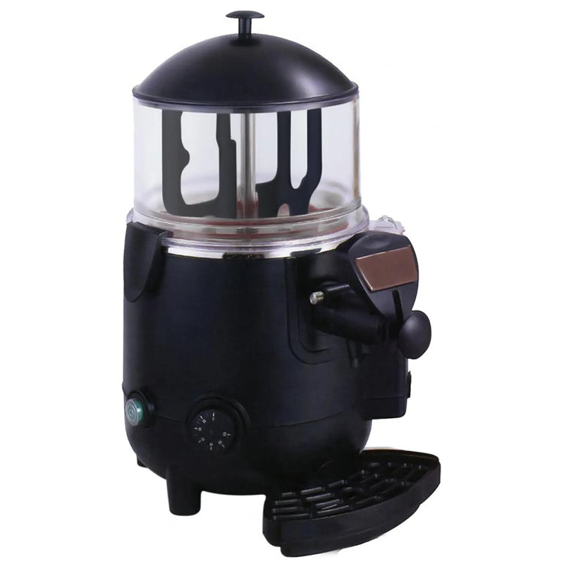Omcan 39482 5L hot chocolate dispenser with clear bowl, black base, domed lid and drip tray, angled front view