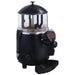 Omcan 39482 5L hot chocolate dispenser with clear bowl, black base, domed lid and drip tray, angled front view