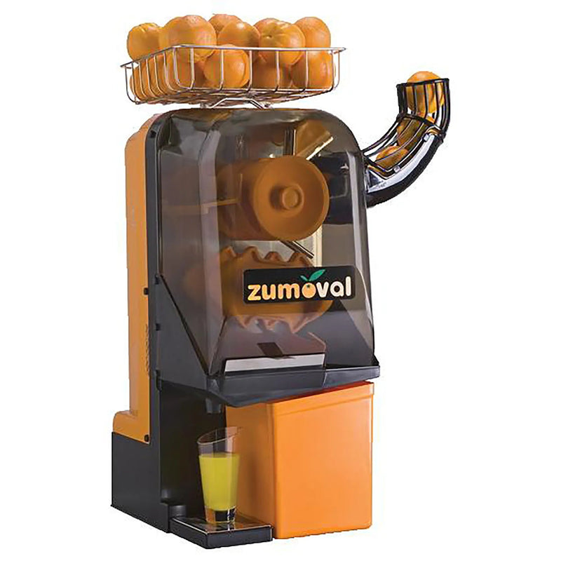 Omcan 39517 Zumoval Minimax electric citrus juicer in orange and black with oranges in the top feeder, front view