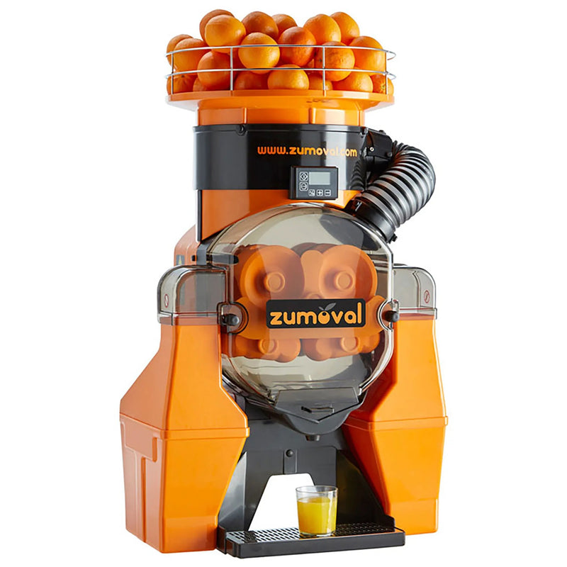 Omcan 39522 Zumoval TOP heavy duty juicer with automatic orange feeder, clear cover and orange base, front view