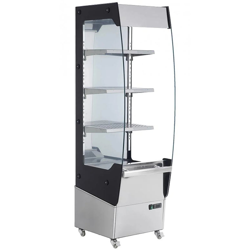 Omcan 39537 19-inch glass display food warmer listing, tall black and stainless unit with glass sides and three shelves