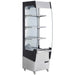 Omcan 39537 19-inch glass display food warmer listing, tall black and stainless unit with glass sides and three shelves