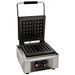 Omcan 39578 single Brussels style waffle maker in stainless steel with cast iron waffle plates open, front view