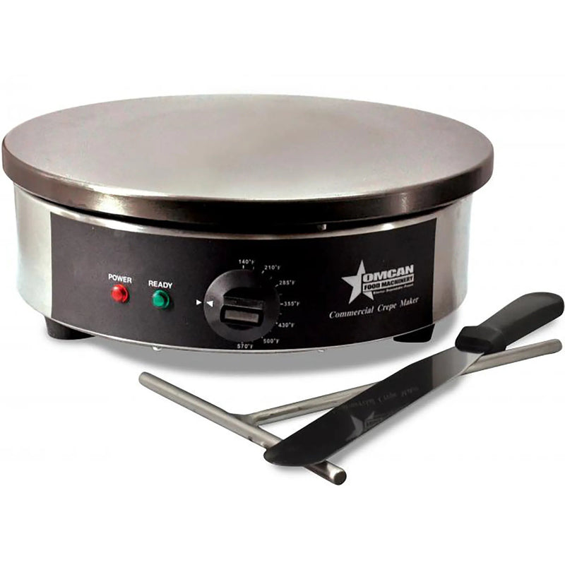 Omcan 39579 electric 14-inch crepe maker with round cast iron plate, black base, spatula and batter spreader