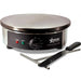 Omcan 39579 electric 14-inch crepe maker with round cast iron plate, black base, spatula and batter spreader