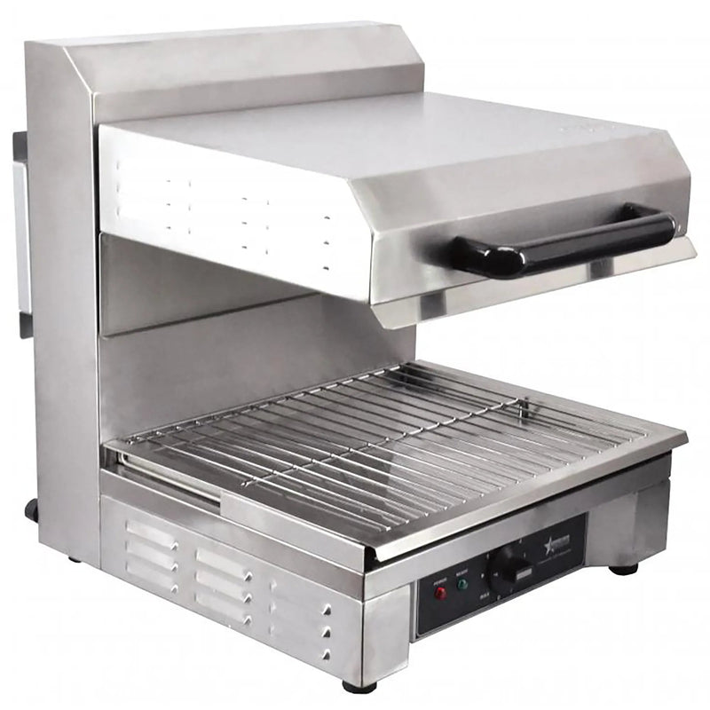 Omcan 39581 electric 18-inch adjustable salamander broiler in stainless steel with raised heating head, angled view