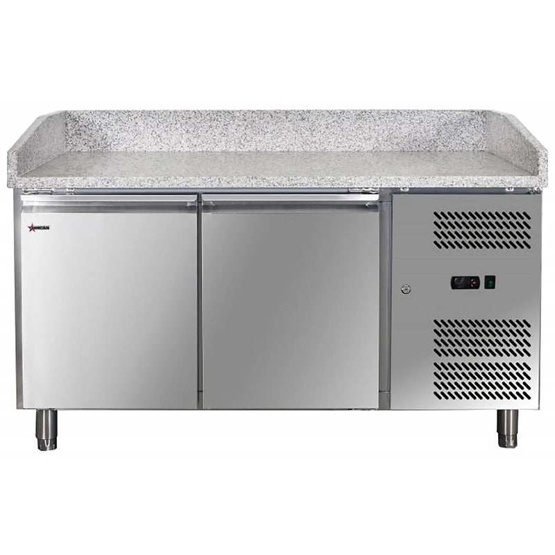 Omcan 39592 59-inch double door refrigerated pizza prep table with granite top and stainless steel cabinet, front view