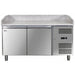 Omcan 39592 59-inch double door refrigerated pizza prep table with granite top and stainless steel cabinet, front view