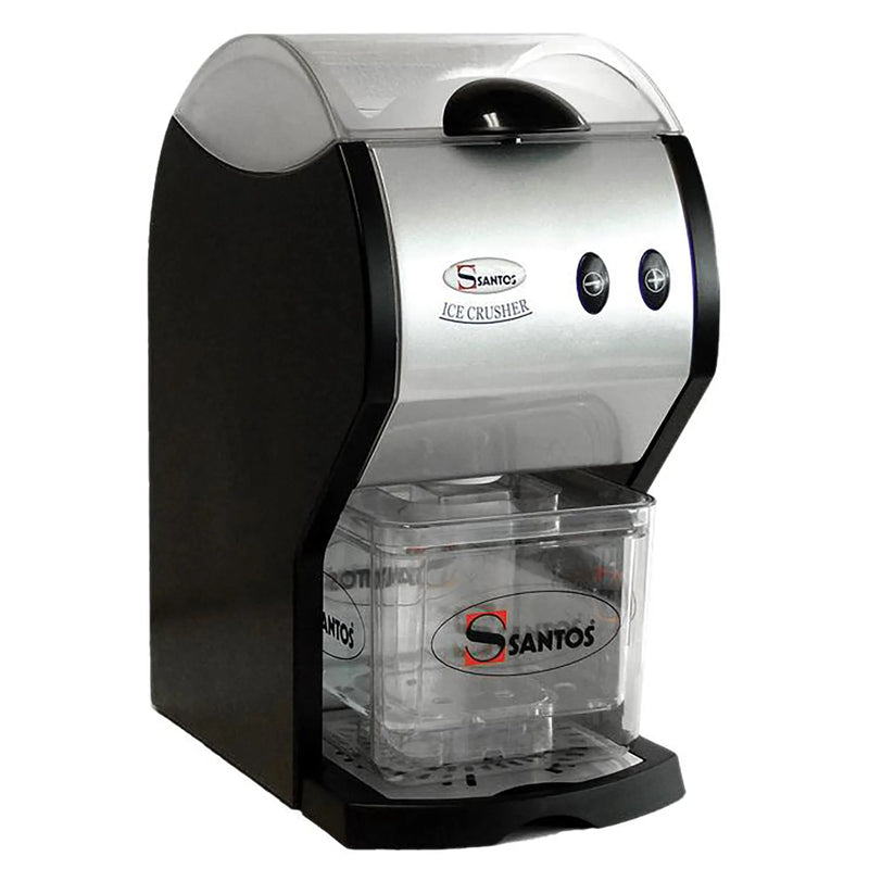 Omcan 39689 electric ice crusher with black and chrome housing and clear ice collection bin, angled front view