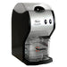 Omcan 39689 electric ice crusher with black and chrome housing and clear ice collection bin, angled front view