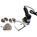 Omcan 40280 electric kebab slicer shown with included round blades, blade guards and stainless steel accessories