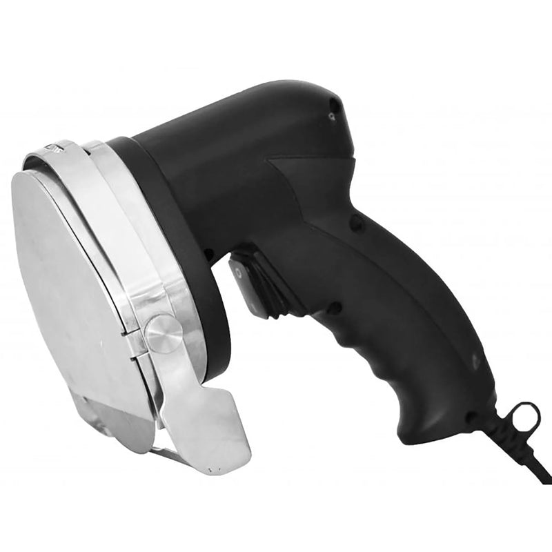 Omcan 40280 electric kebab slicer with black ergonomic handle, round stainless steel blade and blade guard