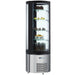 Omcan 40440 round glass 4 tier 27-inch refrigerated cake display case stocked with cakes, black and stainless finish