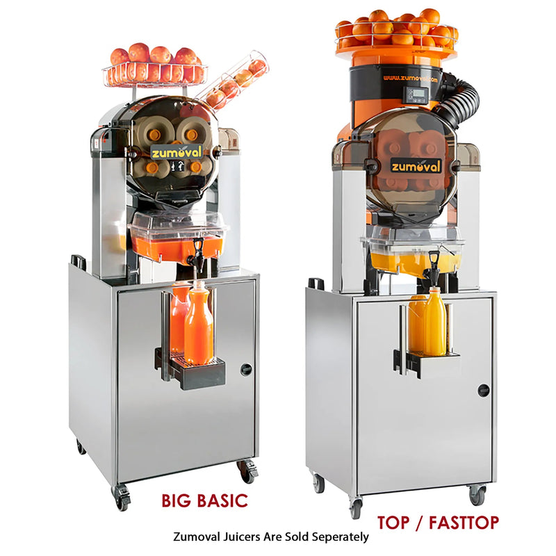 Omcan 40539 stainless steel dispenser stand for Zumoval juice extractors, shown with Big Basic and TOP/Fasttop juicers