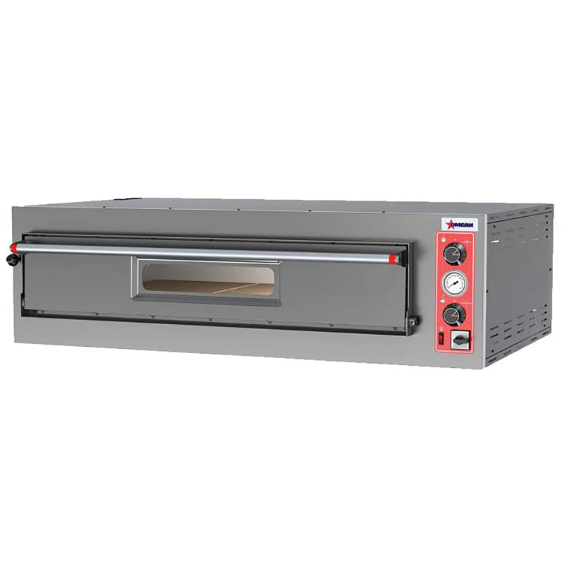 Omcan 40635 Entry Max Series electric 28-inch single deck countertop pizza oven, 220V, in stainless steel, angled view