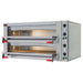 Omcan 40641 Fuoco Series electric 41 x 28 inch double deck countertop pizza oven, 220V, angled left view with lit decks