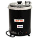 Omcan 41080 black steel 6 qt electric soup kettle with stainless steel hinged lid, front label and temperature dial