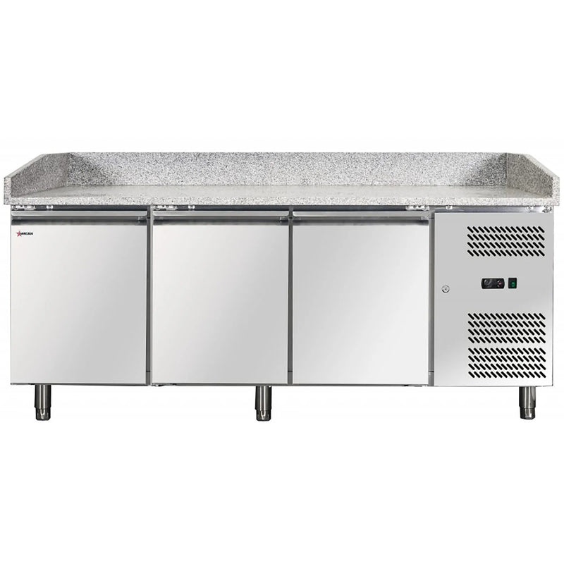 Omcan 41145 80-inch triple door refrigerated pizza prep table with granite top and stainless steel doors, angled view