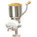 Omcan 41158 manual mill grinder with wooden crank handle, hopper filled with dried corn kernels ready for grinding