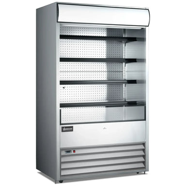 Omcan 41469 stainless steel 48-inch grab-and-go open air refrigerated merchandiser with glass sides, 4 shelves and lit canopy, angled view