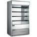 Omcan 41469 stainless steel 48-inch grab-and-go open air refrigerated merchandiser with glass sides, 4 shelves and lit canopy, angled view